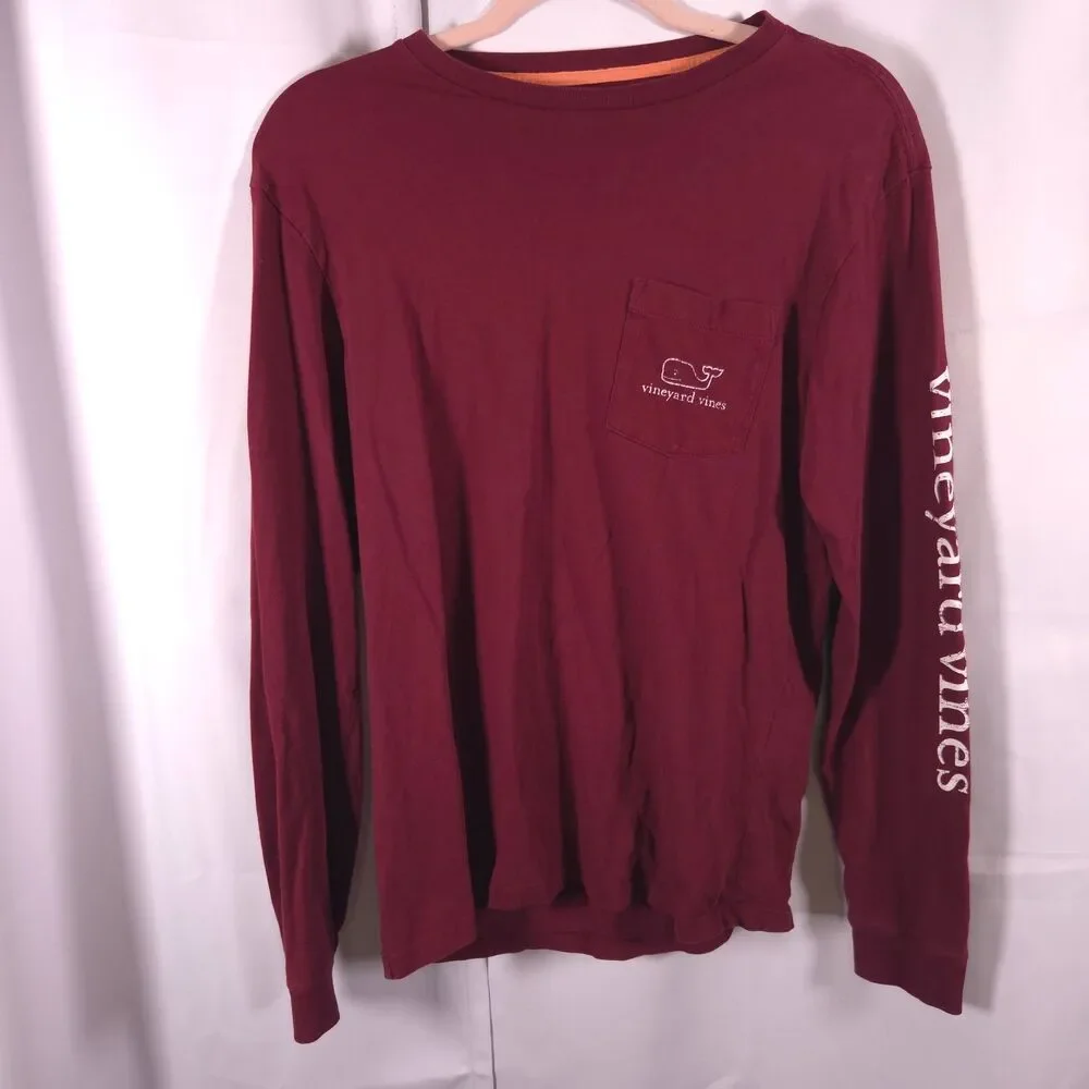 Vineyard Vines Burgundy Red Whale Long Sleeve‎ Pocket Tee Mens XS